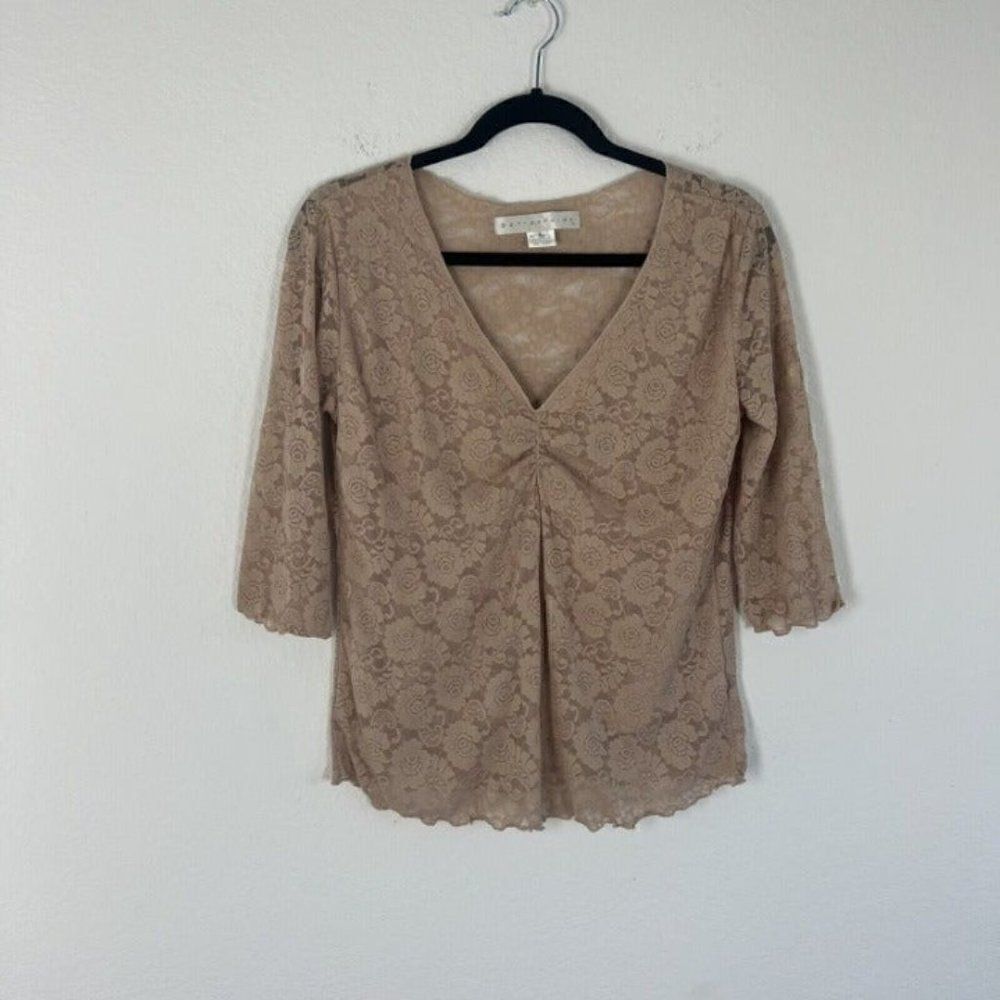 Bettie Page Retro Pin-up Nude Beige Floral Lace Blouse Sheer Back Top Large